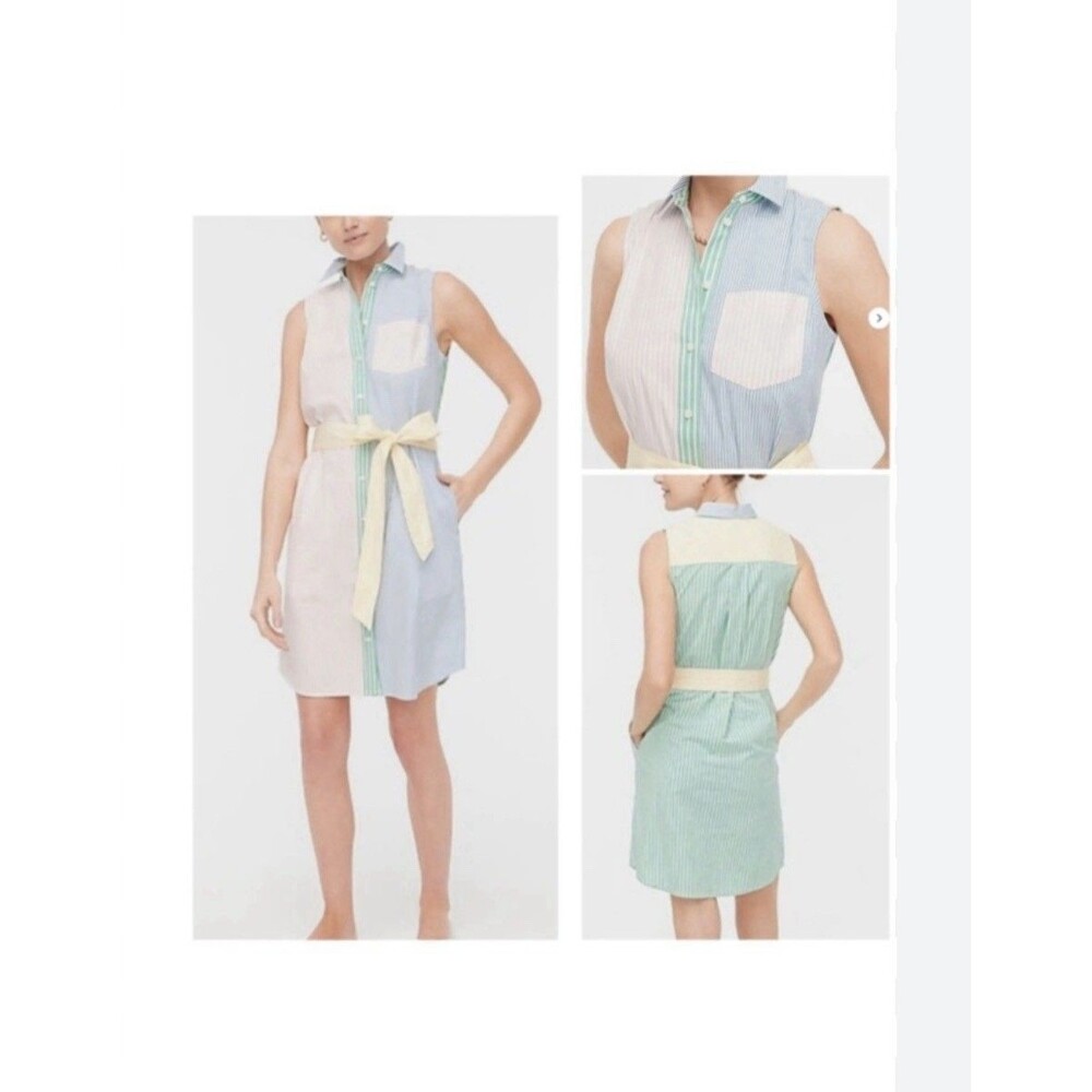 J.Crew Color Block Stripe Shirt Dress 4 S Sleeveless Pockets Belt Preppy Coastal